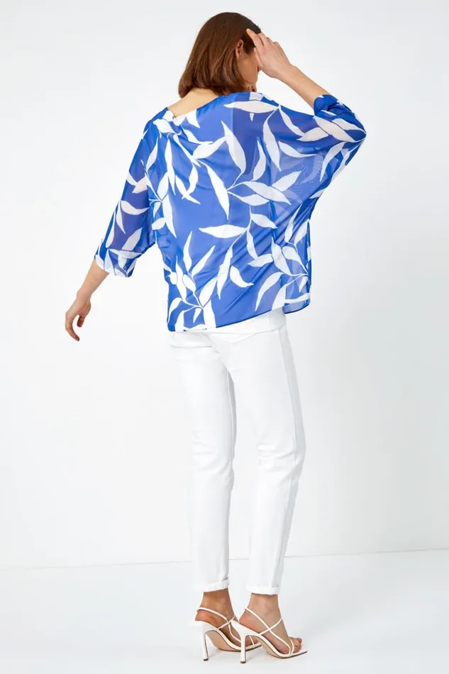 Women Blue Leaf Print Chiffon Overlay Top Roman Tops