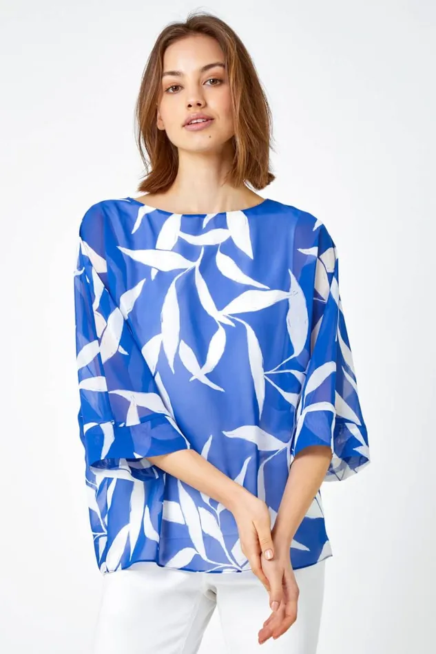 Women Blue Leaf Print Chiffon Overlay Top Roman Tops
