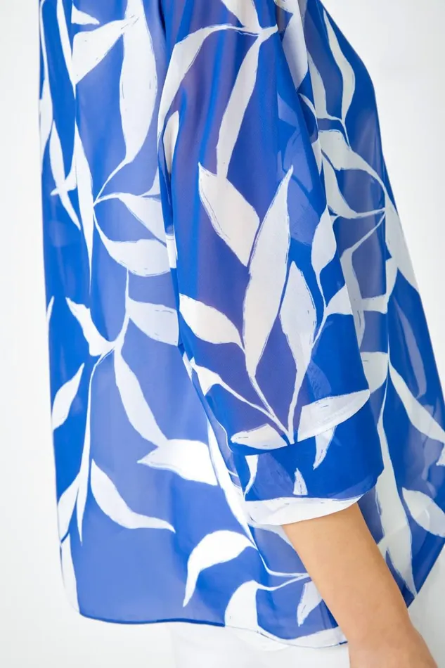 Women Blue Leaf Print Chiffon Overlay Top Roman Tops