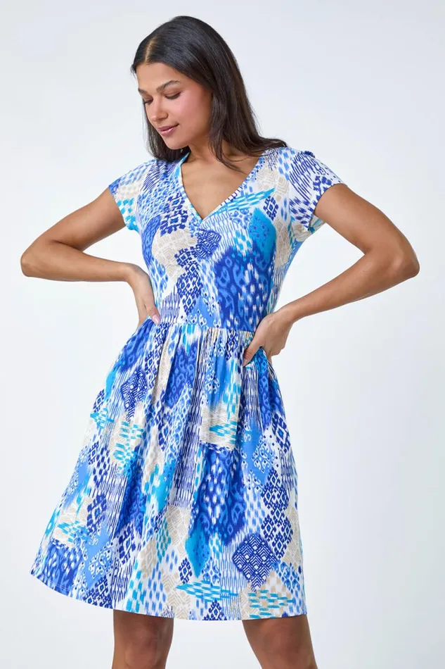 Women Blue Patchwork Ruched Stretch Pocket Dress Roman Dresses