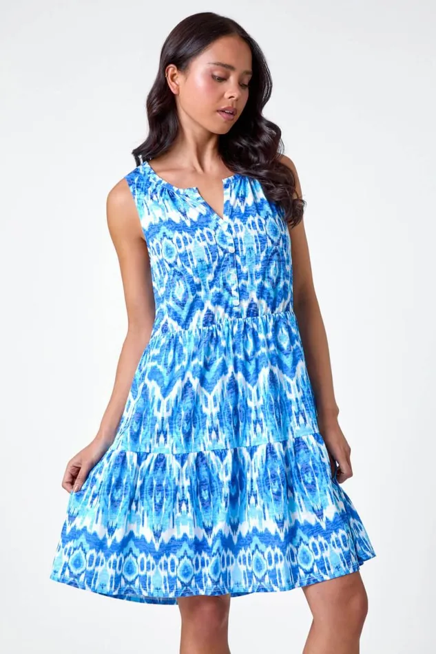 Women Blue Petite Aztec Print Button Front Dress Roman Dresses
