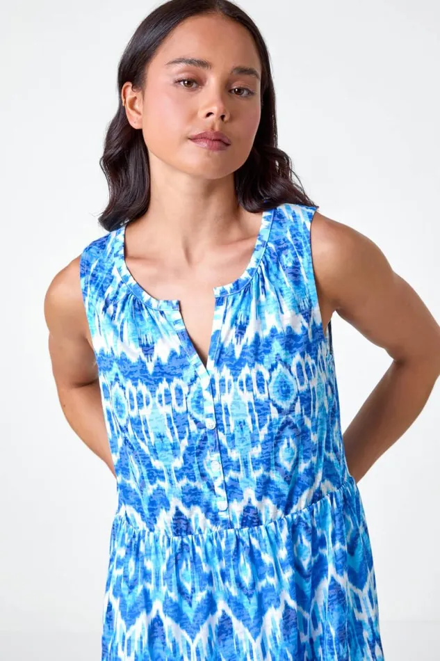 Women Blue Petite Aztec Print Button Front Dress Roman Dresses