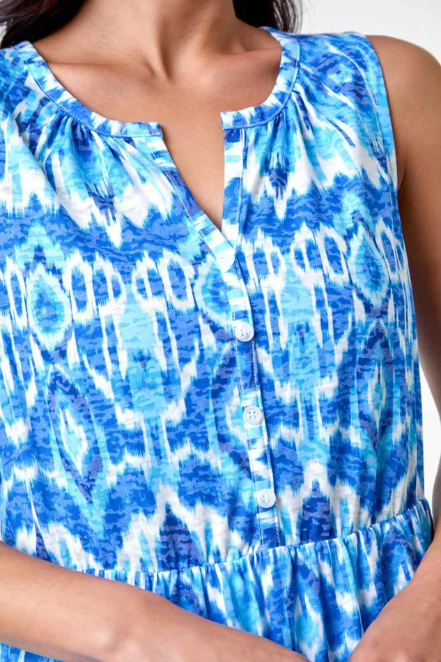 Women Blue Petite Aztec Print Button Front Dress Roman Dresses