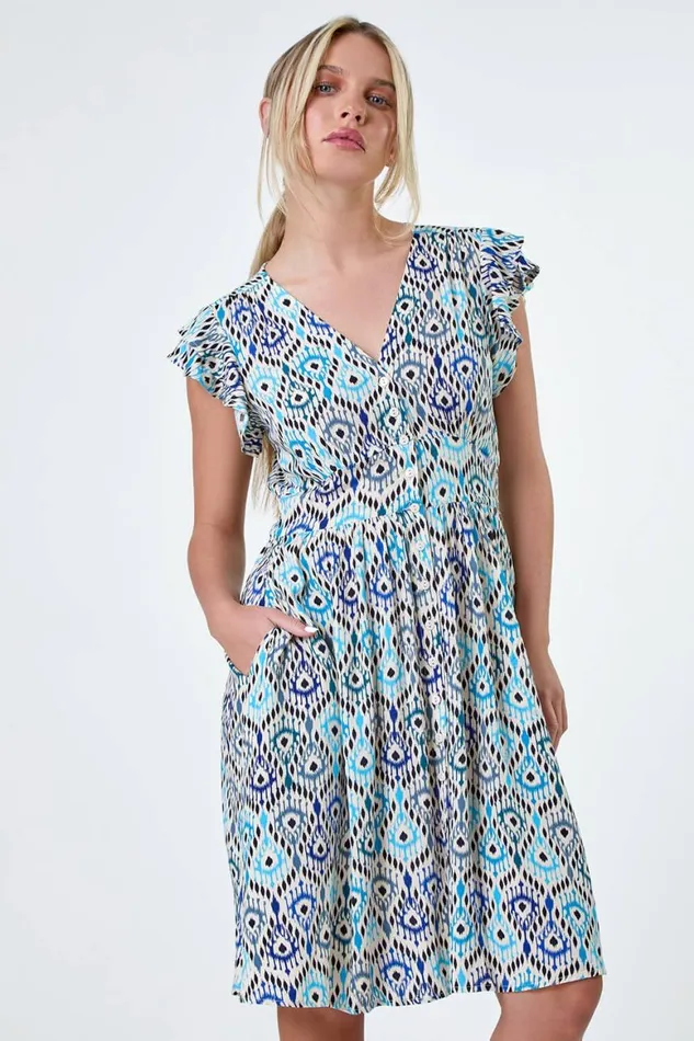 Women Blue Petite Aztec Print Frill Pocket Dress Roman Dresses