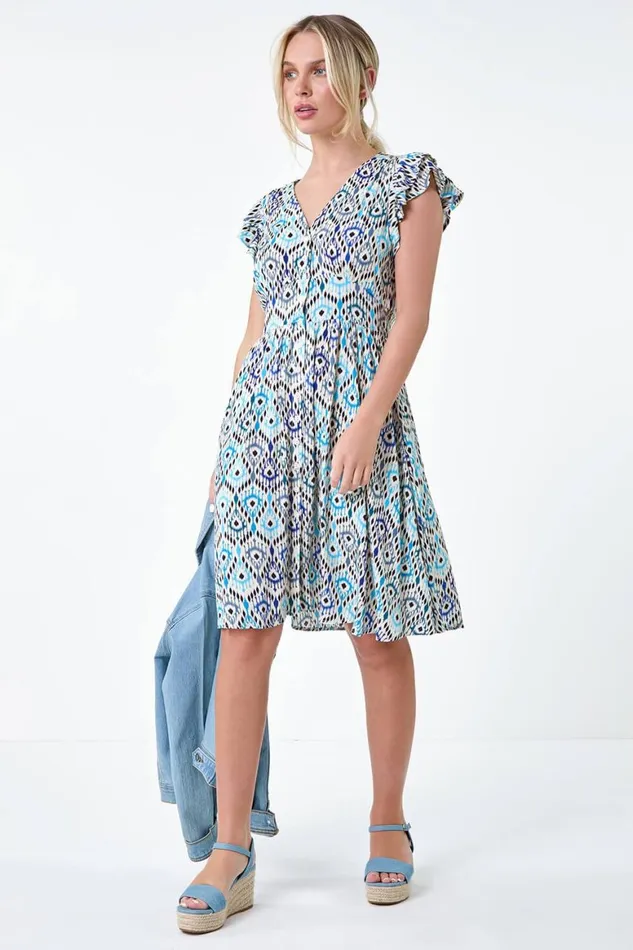 Women Blue Petite Aztec Print Frill Pocket Dress Roman Dresses
