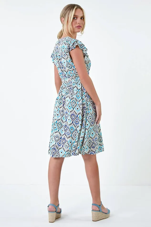 Women Blue Petite Aztec Print Frill Pocket Dress Roman Dresses