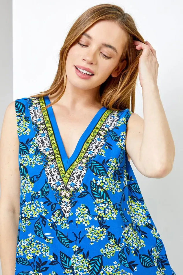 Women Blue Petite Floral Print Hanky Hem Top Roman Tops