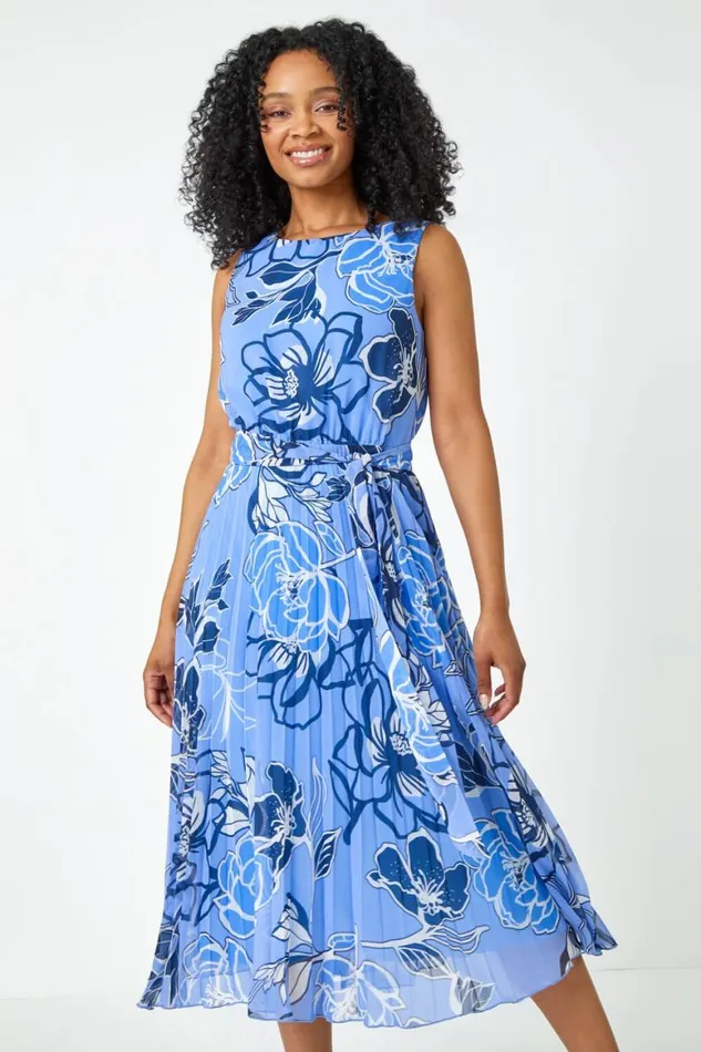 Women Blue Petite Floral Print Pleated Midi Dress Roman Dresses