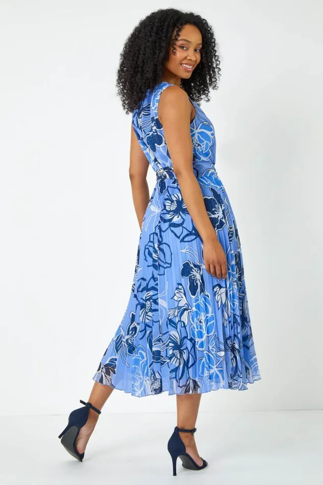 Women Blue Petite Floral Print Pleated Midi Dress Roman Dresses