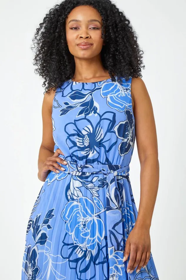 Women Blue Petite Floral Print Pleated Midi Dress Roman Dresses