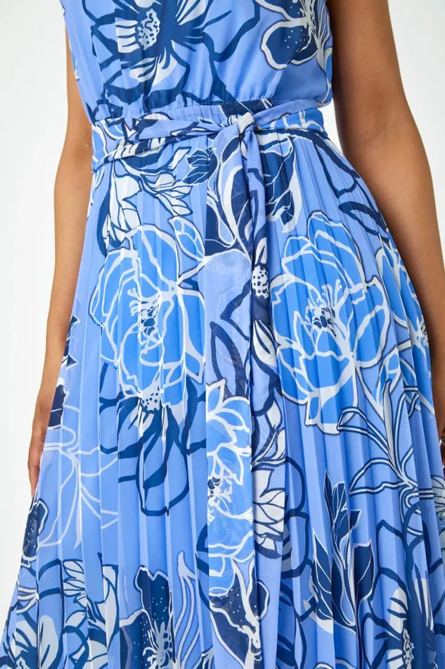 Women Blue Petite Floral Print Pleated Midi Dress Roman Dresses
