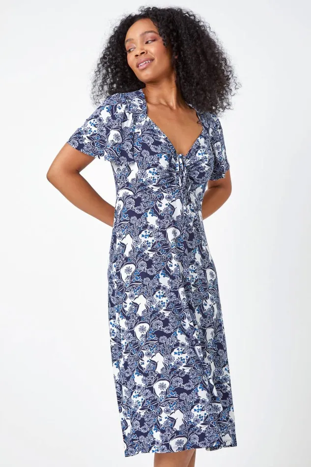Women Blue Petite Floral Ruched Stretch Tea Dress Roman Dresses