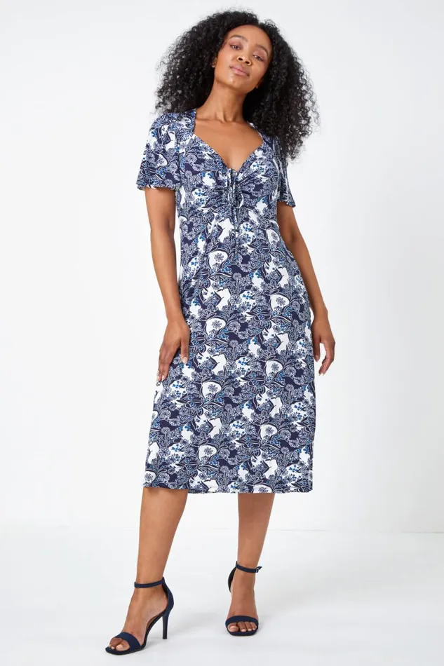 Women Blue Petite Floral Ruched Stretch Tea Dress Roman Dresses