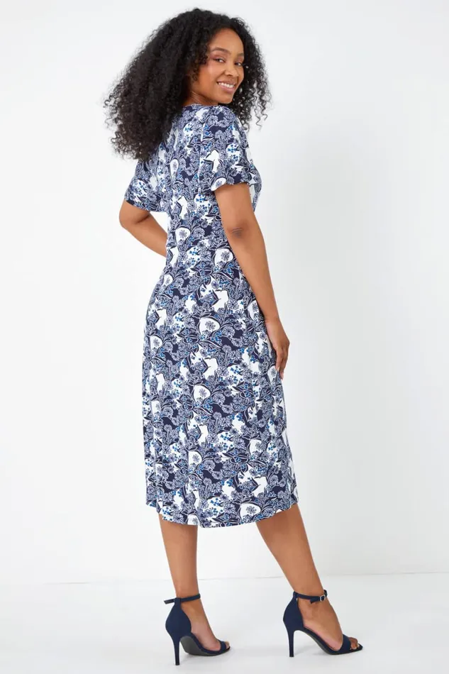 Women Blue Petite Floral Ruched Stretch Tea Dress Roman Dresses