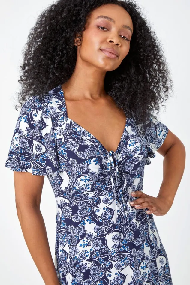 Women Blue Petite Floral Ruched Stretch Tea Dress Roman Dresses