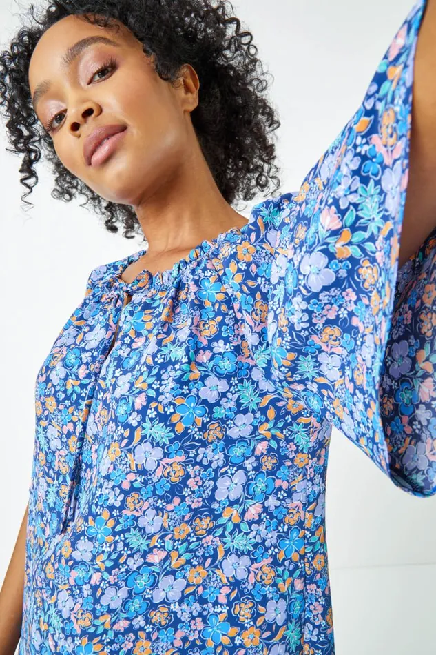 Women Blue Petite Frill Neck Floral Top Roman Tops