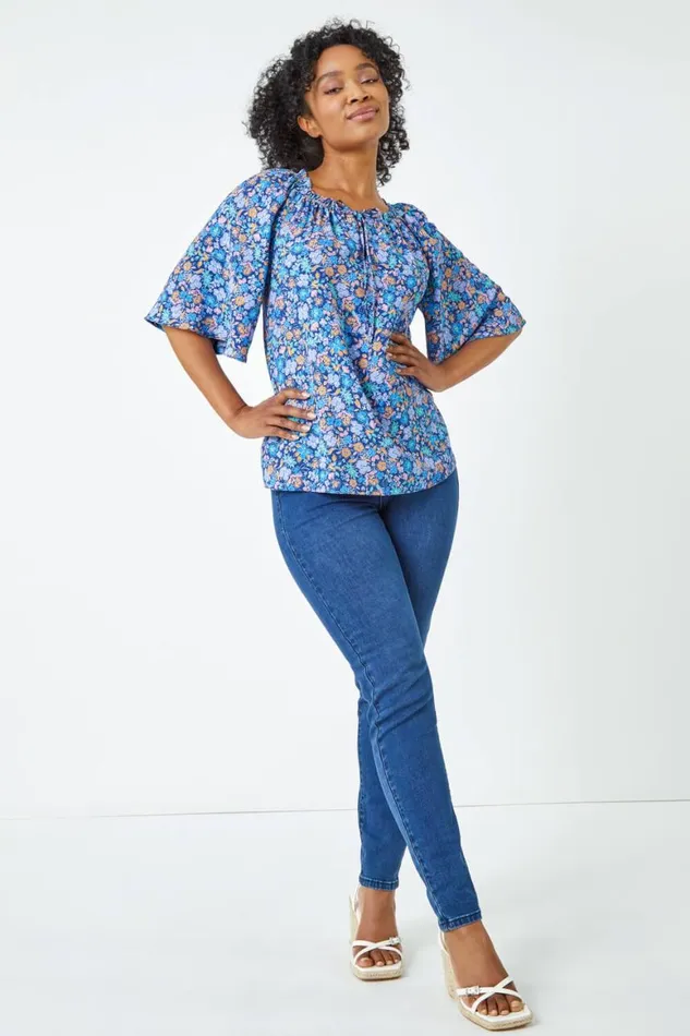 Women Blue Petite Frill Neck Floral Top Roman Tops