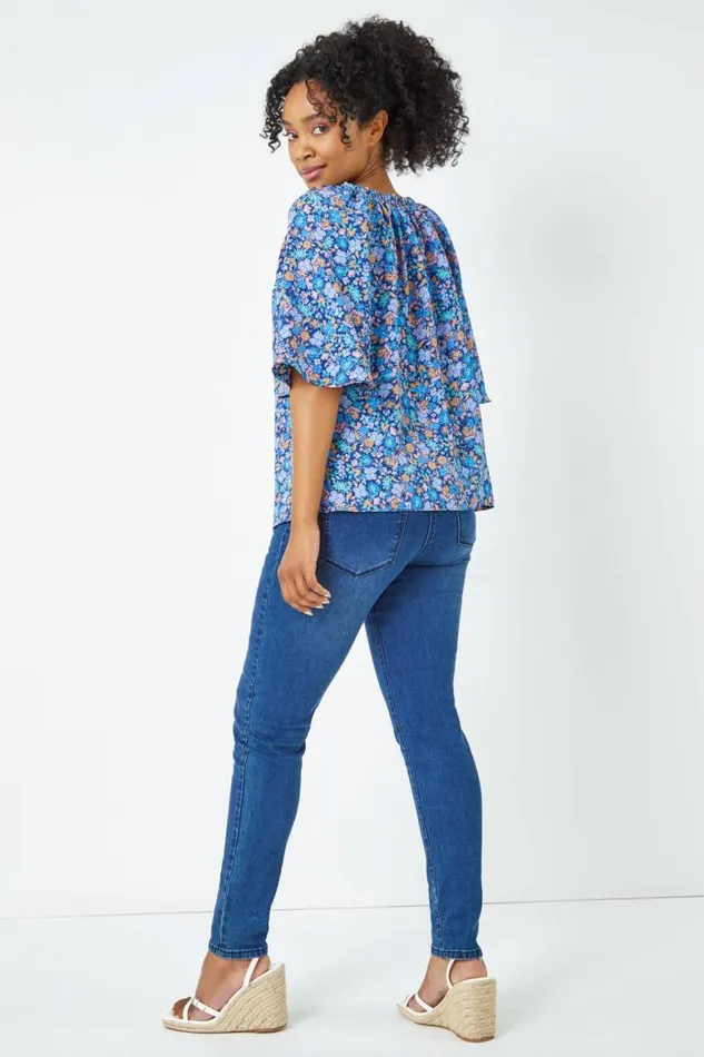 Women Blue Petite Frill Neck Floral Top Roman Tops