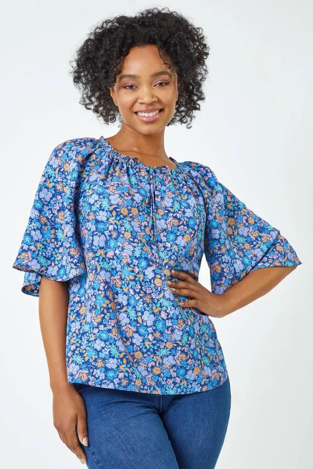 Women Blue Petite Frill Neck Floral Top Roman Tops