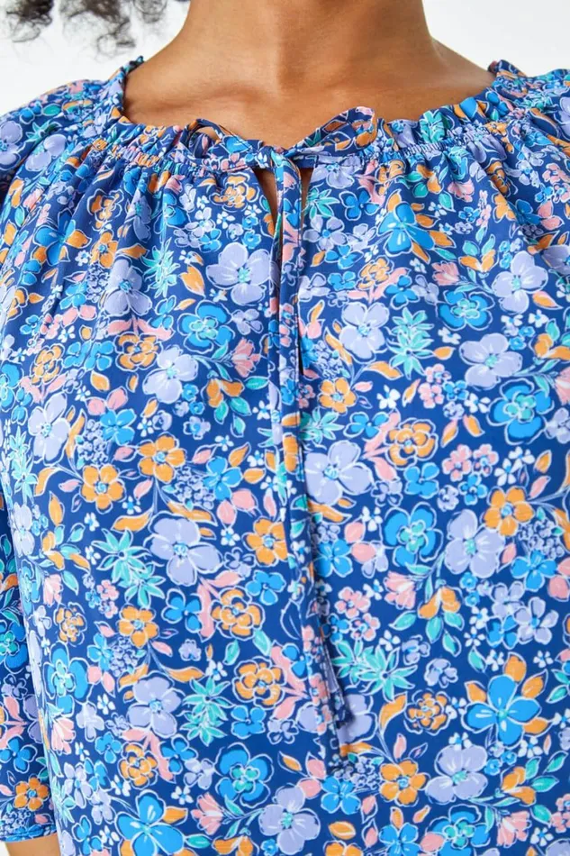 Women Blue Petite Frill Neck Floral Top Roman Tops