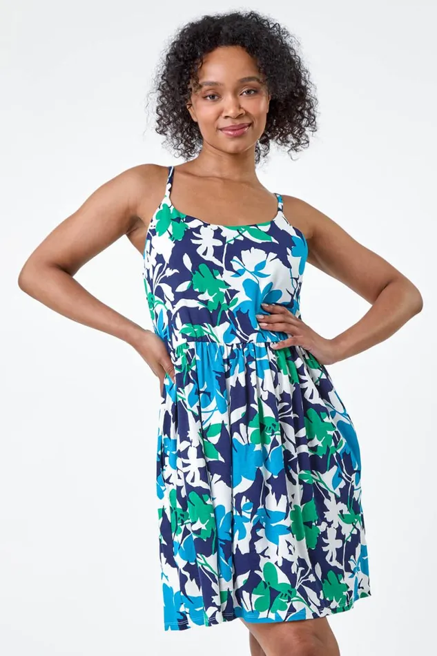 Women Blue Petite Leaf Print Stretch Pocket Dress Roman Dresses