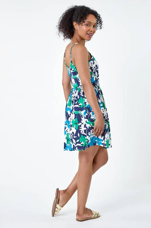 Women Blue Petite Leaf Print Stretch Pocket Dress Roman Dresses