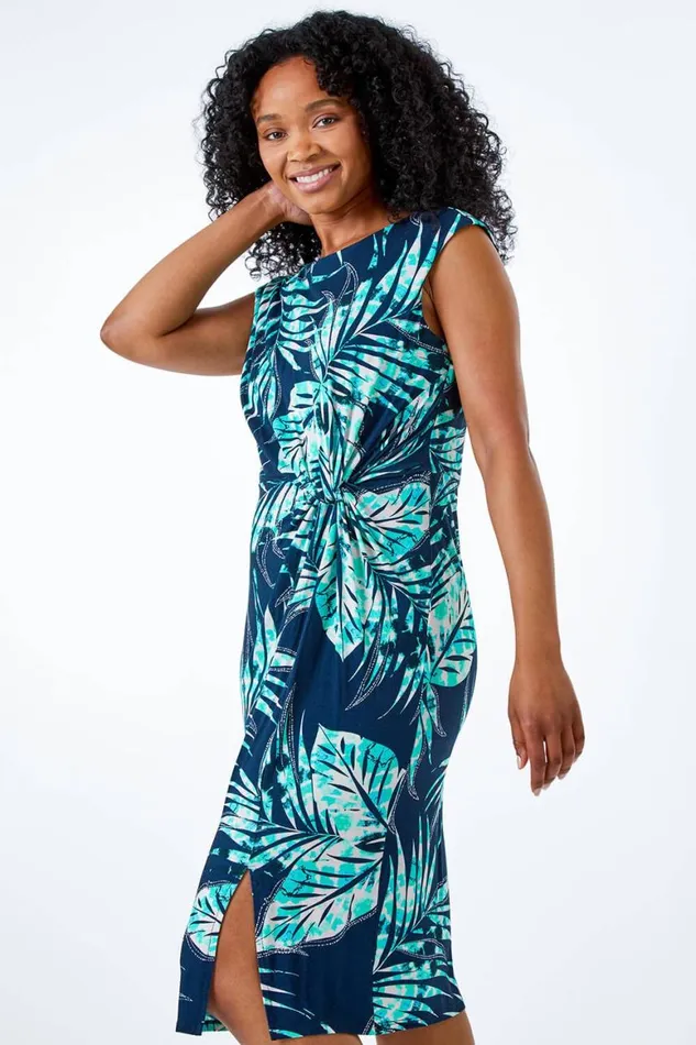 Women Blue Petite Tropical Twist Waist Ruched Dress Roman Dresses