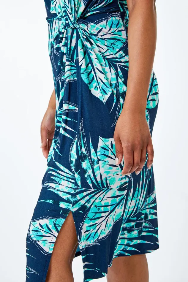 Women Blue Petite Tropical Twist Waist Ruched Dress Roman Dresses