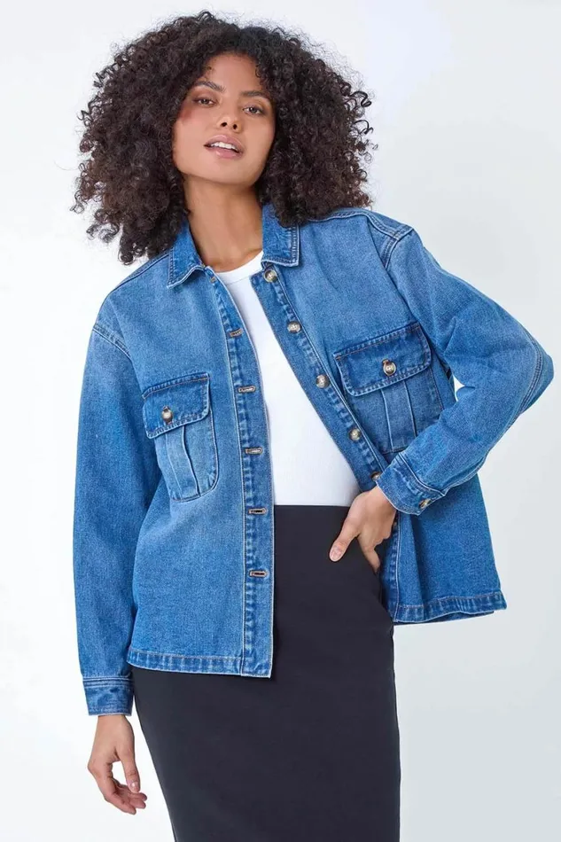 Women Blue Relaxed Denim Jacket Roman Jackets
