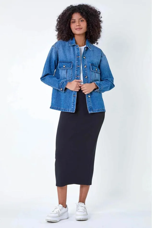 Women Blue Relaxed Denim Jacket Roman Jackets