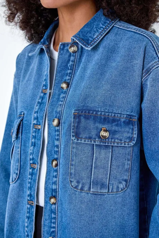 Women Blue Relaxed Denim Jacket Roman Jackets
