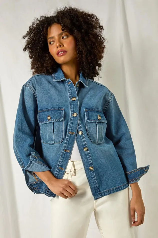 Women Blue Relaxed Denim Jacket Roman Jackets