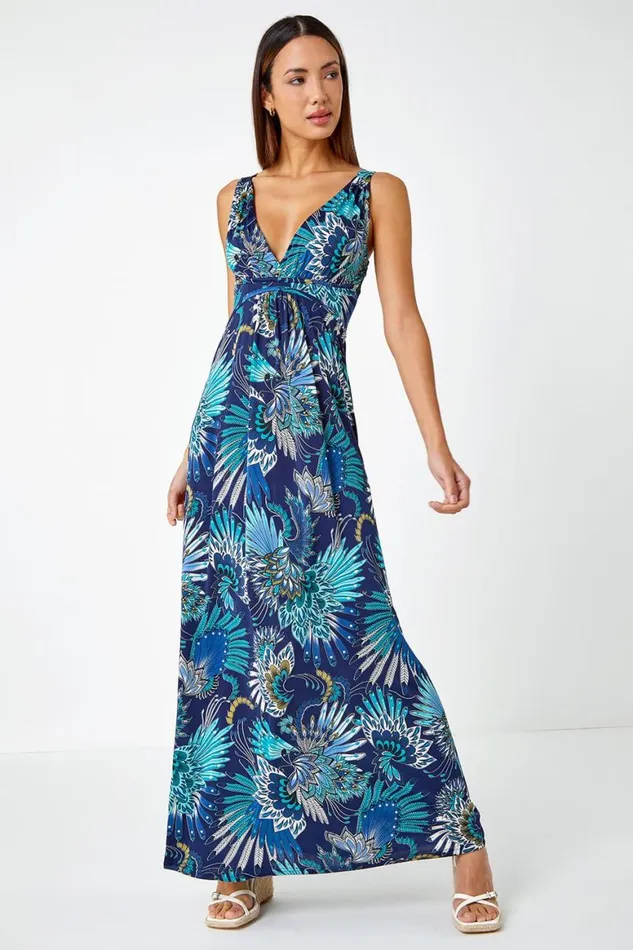 Women Blue Sleeveless Floral Print Maxi Dress Roman Dresses