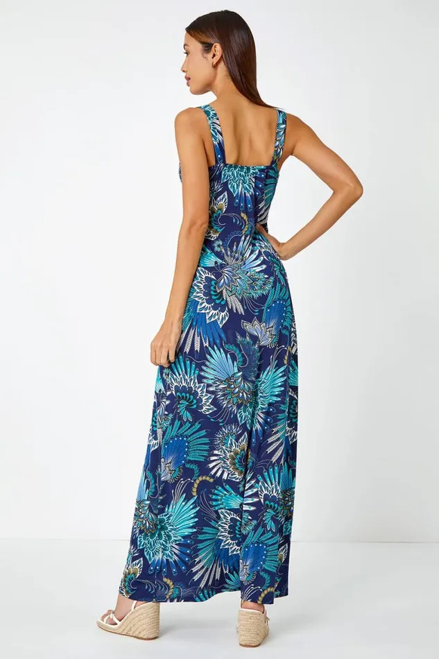 Women Blue Sleeveless Floral Print Maxi Dress Roman Dresses