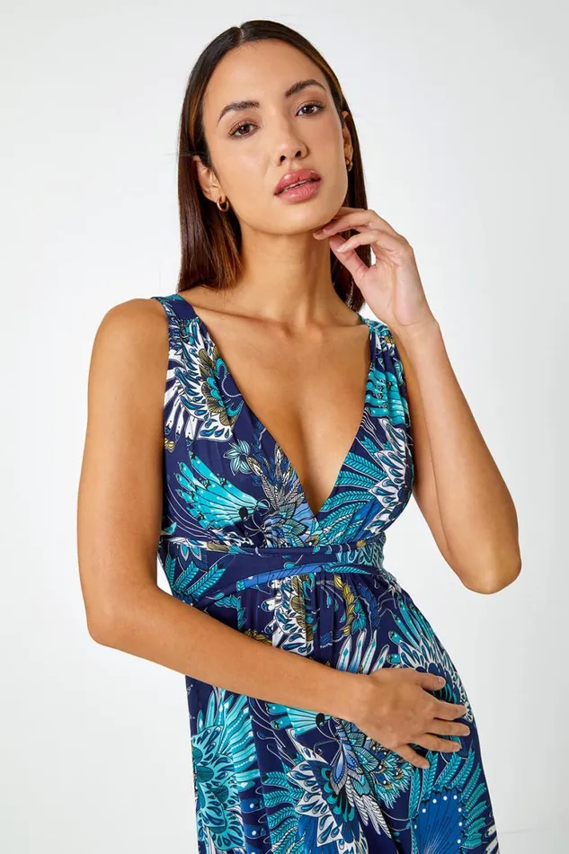 Women Blue Sleeveless Floral Print Maxi Dress Roman Dresses