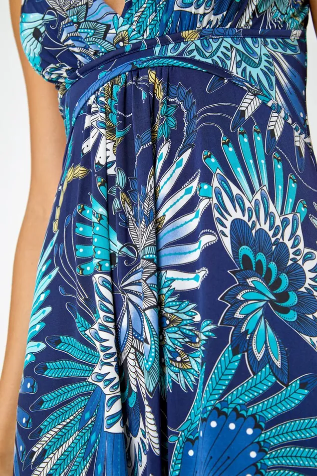 Women Blue Sleeveless Floral Print Maxi Dress Roman Dresses