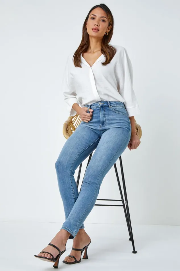 Women Blue Slim Leg Stretch Mom Jeans Roman Trousers