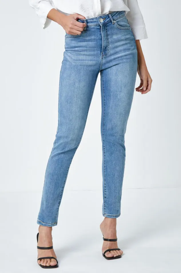 Women Blue Slim Leg Stretch Mom Jeans Roman Trousers