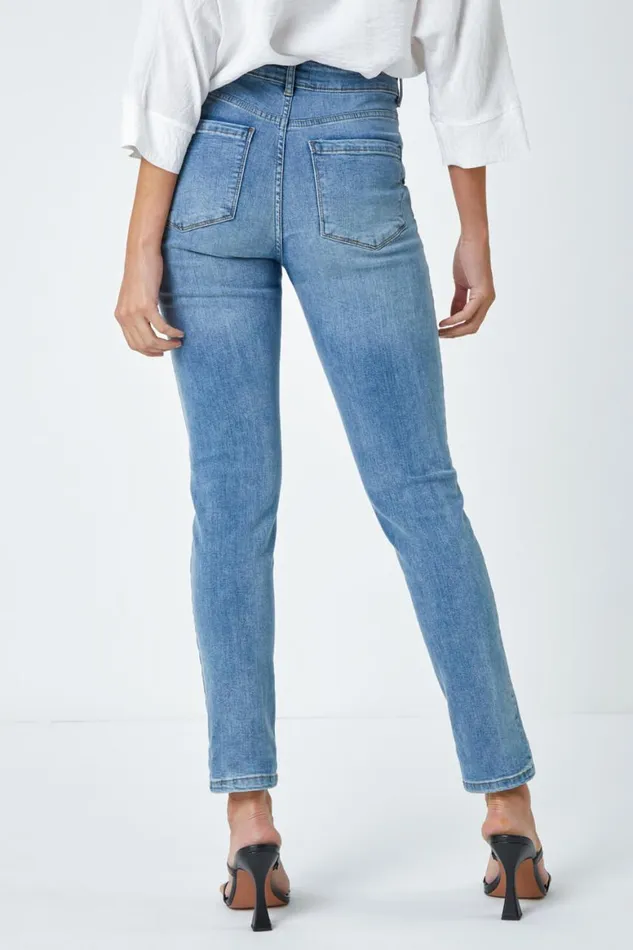 Women Blue Slim Leg Stretch Mom Jeans Roman Trousers