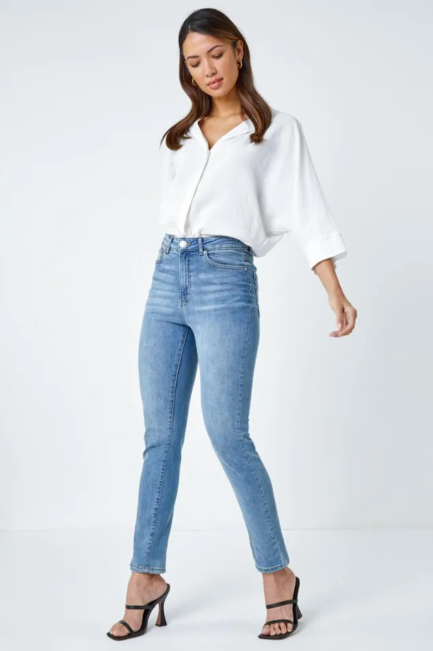 Women Blue Slim Leg Stretch Mom Jeans Roman Trousers