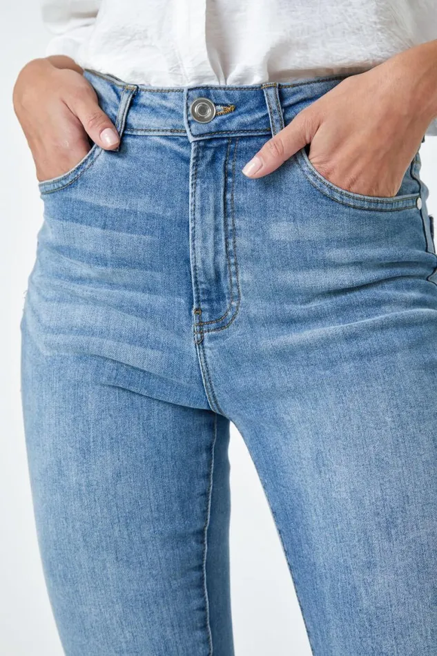 Women Blue Slim Leg Stretch Mom Jeans Roman Trousers