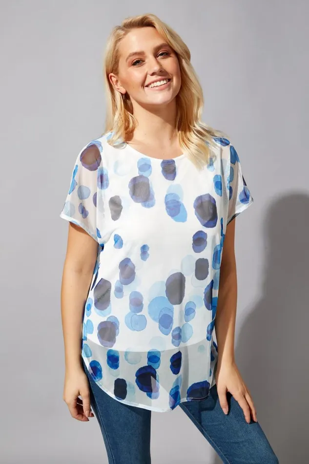 Women Blue Spot Mesh Chiffon Overlay Top Roman Tops