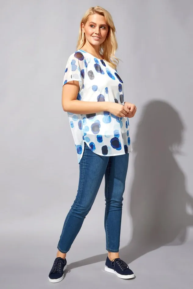 Women Blue Spot Mesh Chiffon Overlay Top Roman Tops