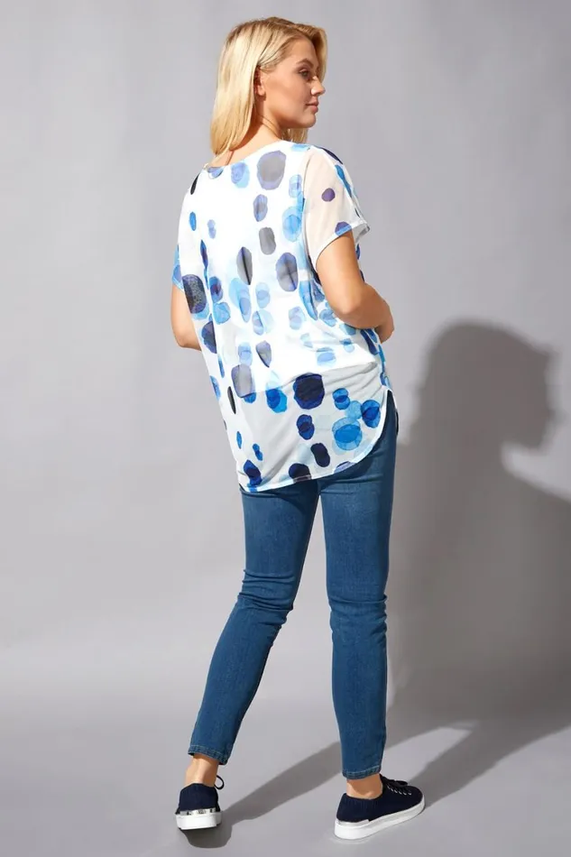Women Blue Spot Mesh Chiffon Overlay Top Roman Tops