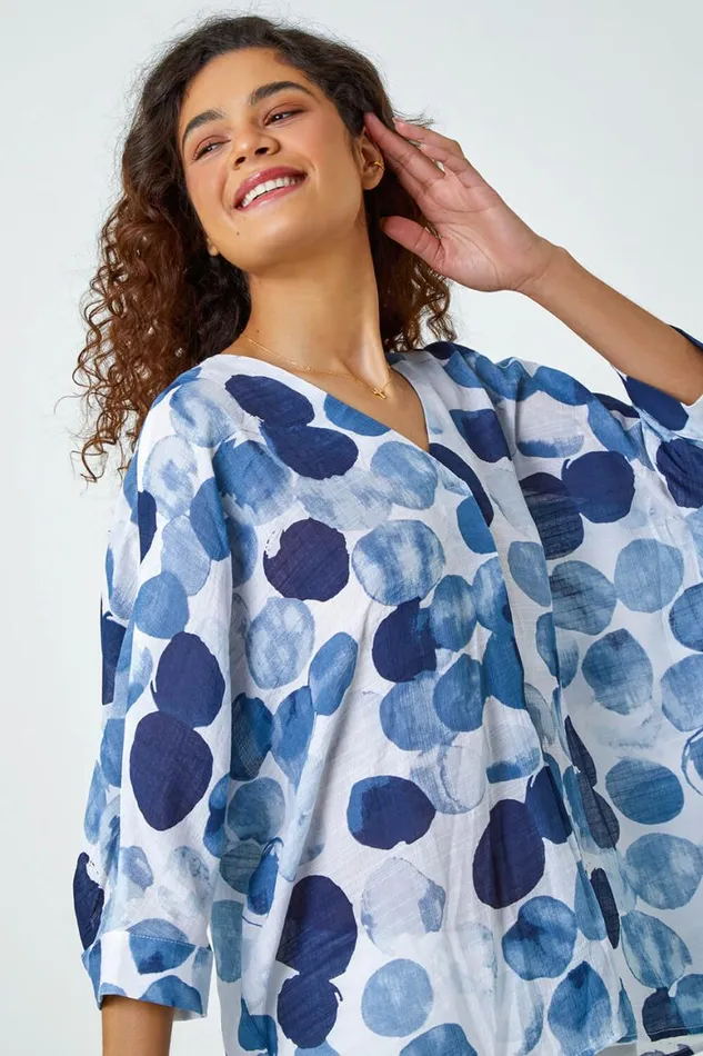 Women Blue Spot Print Relaxed Woven Top Roman Tops