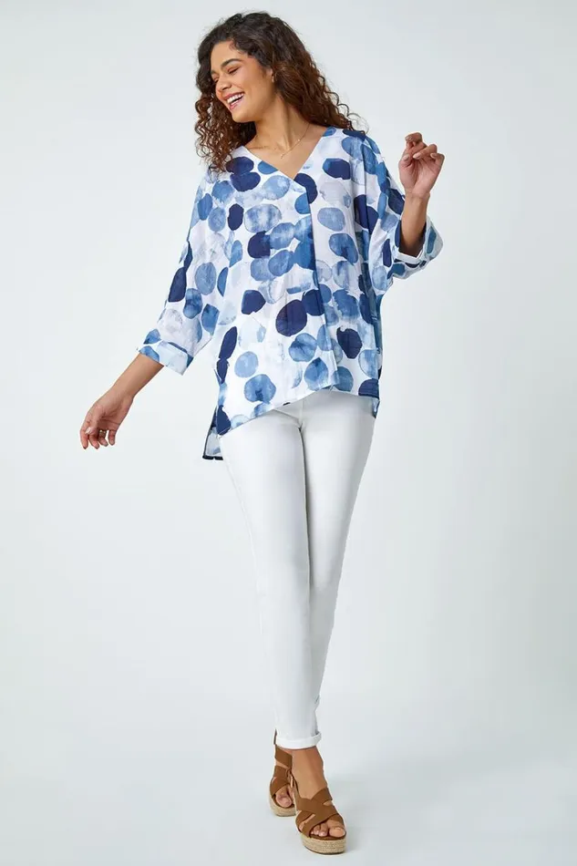 Women Blue Spot Print Relaxed Woven Top Roman Tops