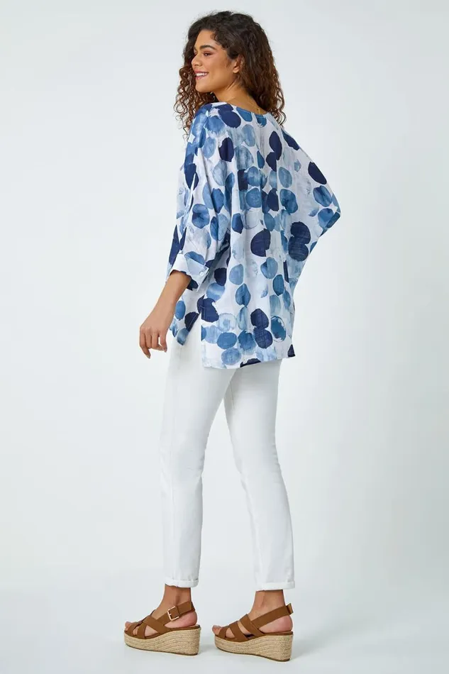 Women Blue Spot Print Relaxed Woven Top Roman Tops