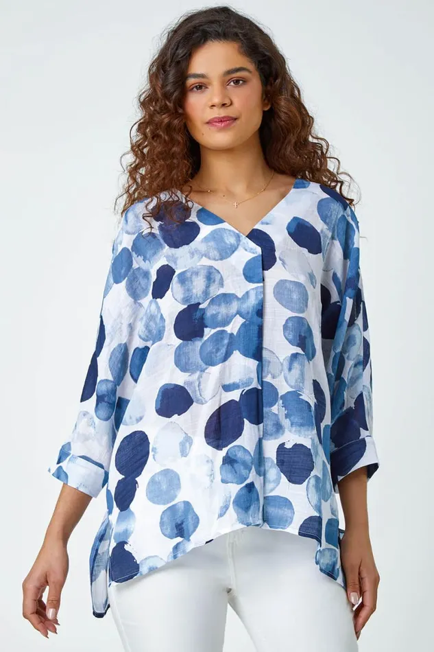 Women Blue Spot Print Relaxed Woven Top Roman Tops