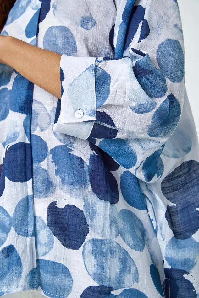 Women Blue Spot Print Relaxed Woven Top Roman Tops