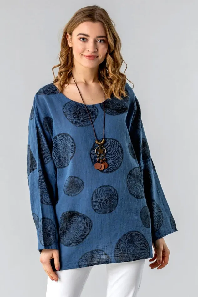 Women Blue Spot Print Top With Necklace Roman Tops